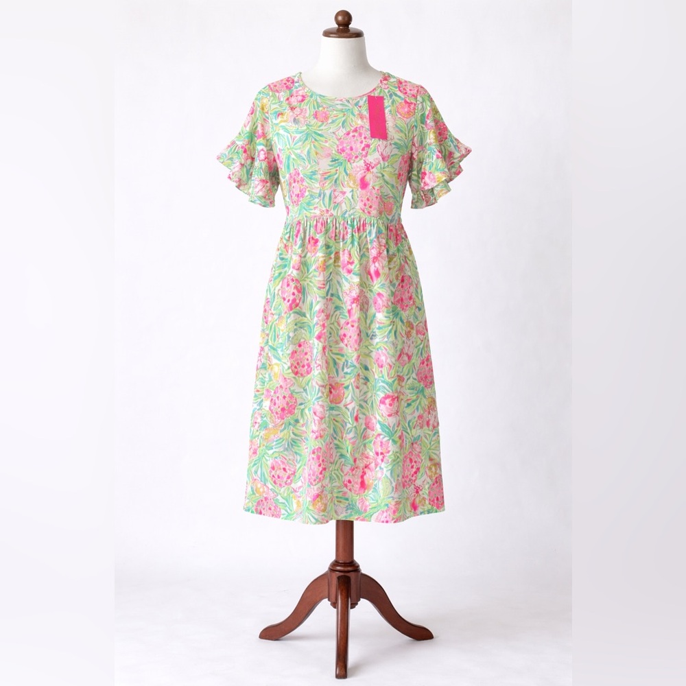 Floral Lilly Pulitzer Midi Dress with Ruffle Sleeves